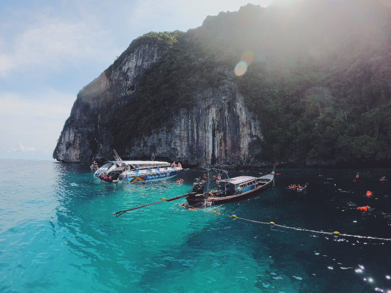 Visitors to Maya Bay arrive on speed boat from Phuket or Koh Phi Phi.