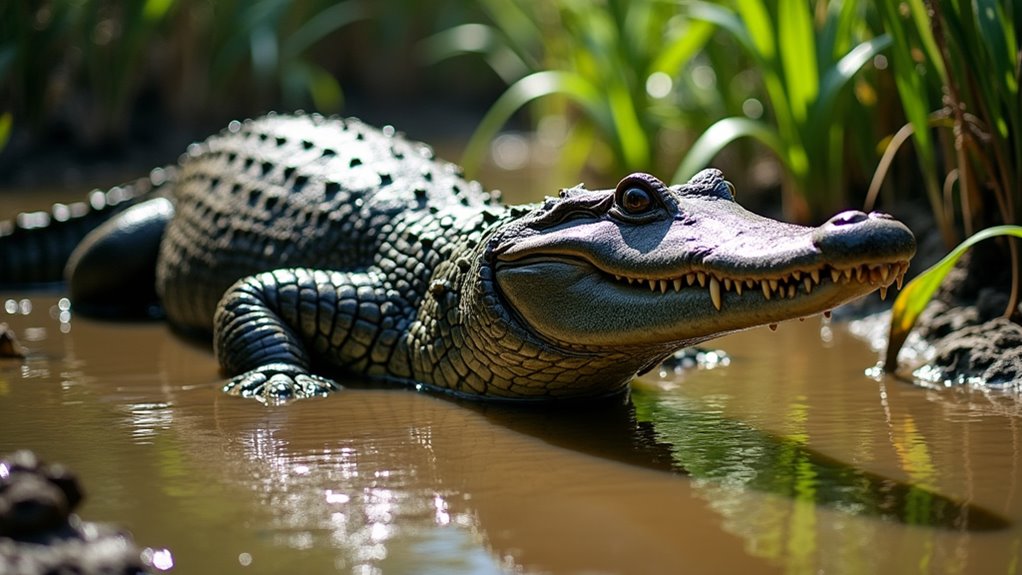 armored caiman with sharp teeth