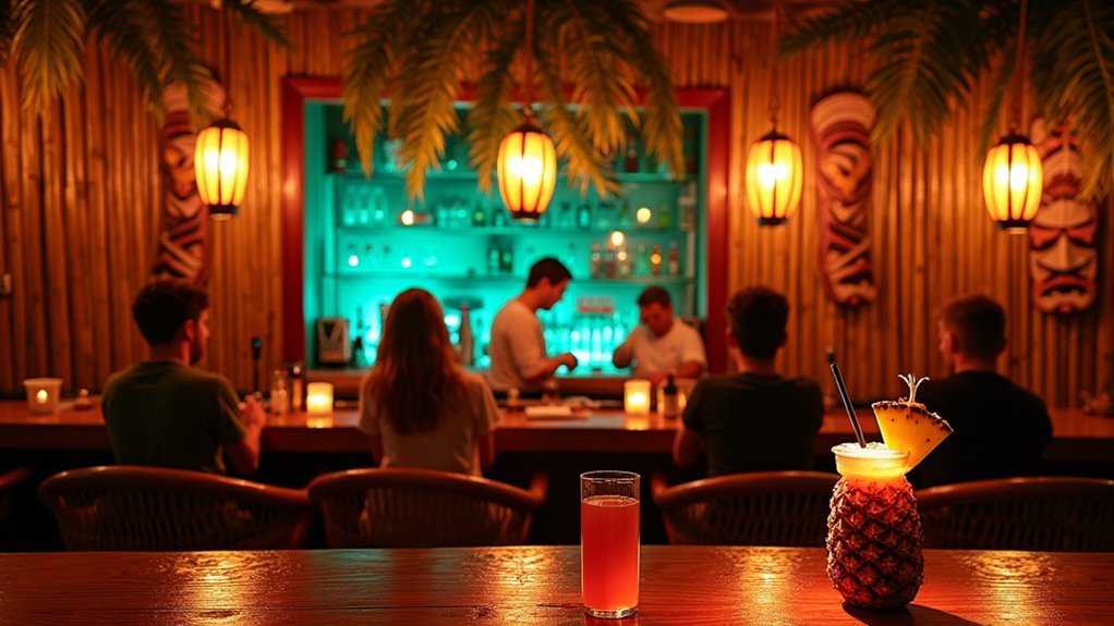 tropical bar with flaming cocktails
